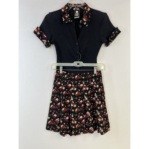 Vintage Pleated Skirt Button Down Top Set Black Micro floral Sz Small USA Made - Picture 1 of 13
